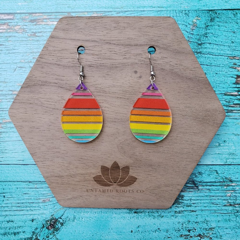 Rainbow Stripe Large Teardrop Dangle Earrings, Acrylic, Nickel Free Stainless